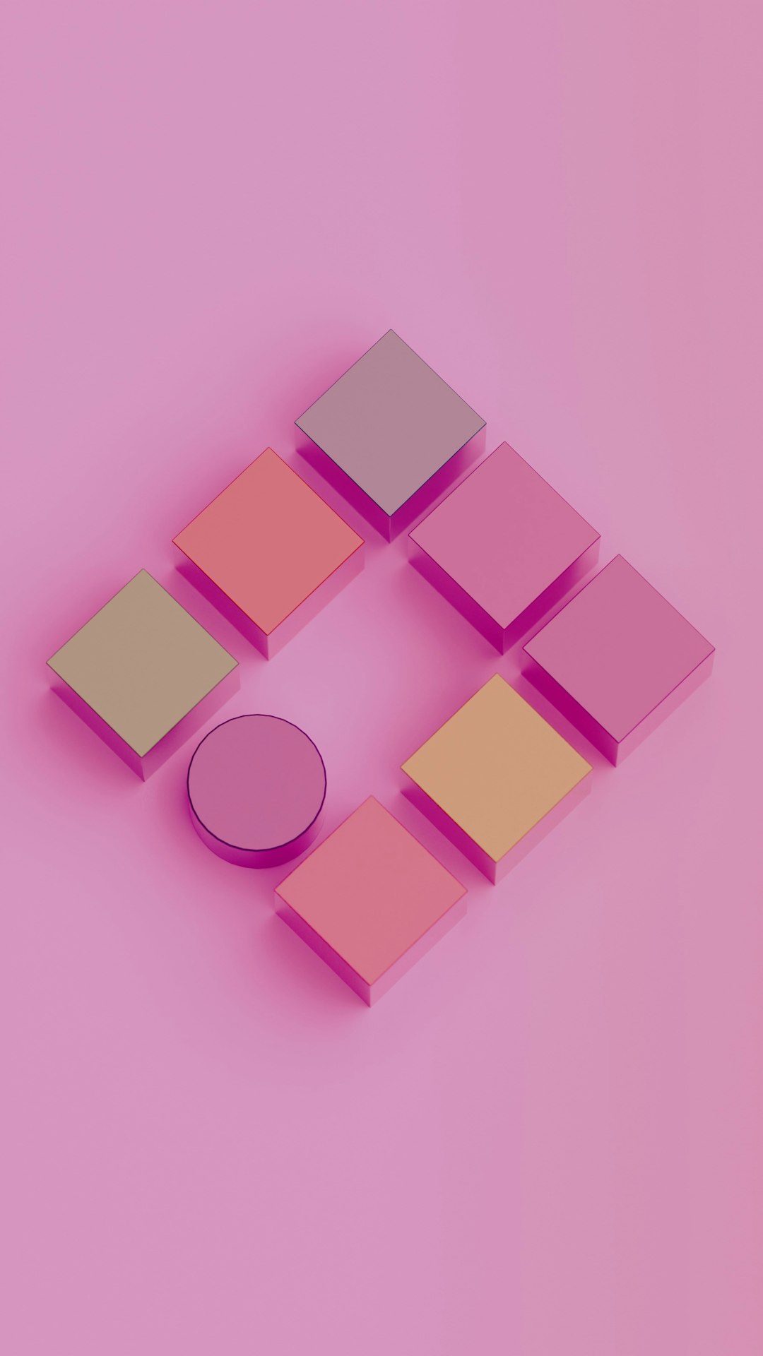 Top-down view of pastel pink cubes arranged in a diamond pattern around a central circular cylinder on a smooth pink surface, casting soft shadows and subtle reflections in a minimalist 3D composition.